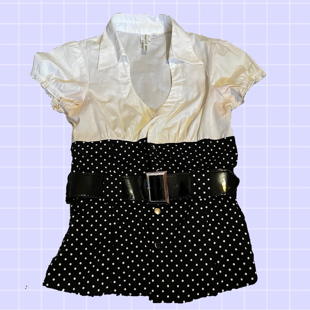 Belted Polka Dot Button Up Professional Chic Blouse